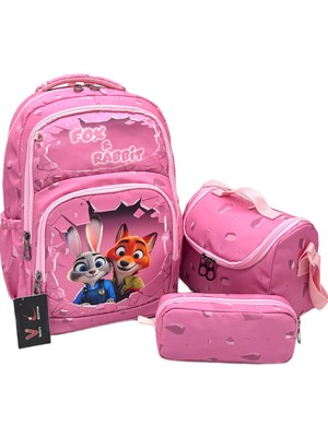 Betto's Kız Çocuk Ilk Okul Sırt Çantası 3'lü Set Ilkokul Çantası Pembe Karakter Desenli Takım