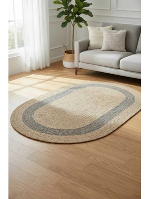 Home İnn Bohem Oval Mavi Detaylı Dekor Halısı – Modern Stil Salon, Antre ve Oturma Odası Halısı 90X150 cm
