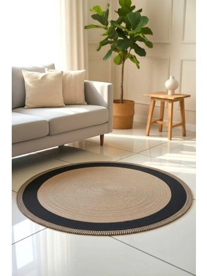 Home İnn Yuvarlak Hasır Görünümlü Dekoratif Halı – Modern Bohem Salon Halısı, Minimal Ev Dekor Halısı
