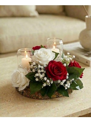 Doğal Kütük Altlıklı Çiçekli Şamdan  Kırmızı -Beyaz  Yapay Gül Arajmanı