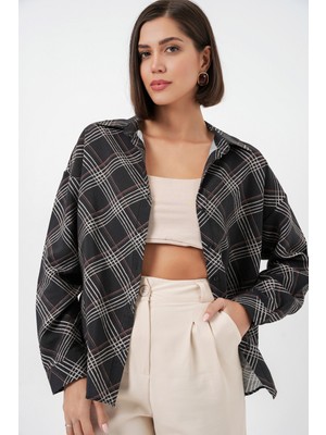 Bigdart Kadın Oversize Desenli Gömlek 20372 - Siyah