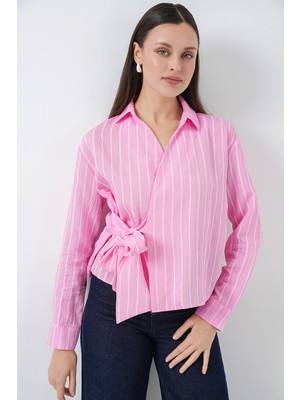 Bigdart Kadın Önü Bağlamalı Çizgili Gömlek 20362 - Pembe