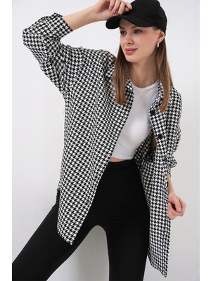 Bigdart Kadın Kazayağı Desen Oversize Gömlek 3854 - Siyah - Beyaz