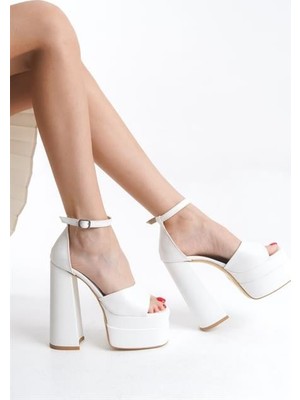 Les Passent Kadın Elina Tek Bantlı Beyaz Cilt 15 cm Platform Topuklu Ayakkabı