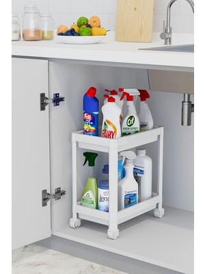 Vigordurus Minihome 2 Katlı Tekerlekli Düzenleyici Raf, Banyo Dolabı, Mutfak Tezgah ve Evye Altı