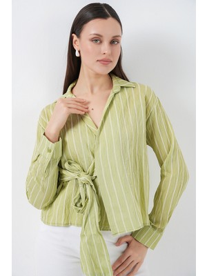 Bigdart Kadın Önü Bağlamalı Çizgili Gömlek 20362 - E.yeşil