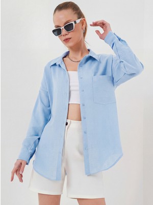 Bigdart 20153 Tek Cepli Oversize Keten Gömlek - Buz Mavi