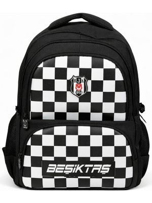 Beşiktaş Lisanslı 4 Bölmeli Dama Desenli Okul Çantası - Rubber Logolu Su Itici Kumaşlı Okul Sırt Çantası