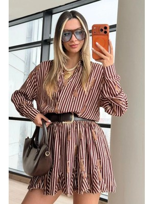 Lijuri Tiger Desenli Etek Ucu Volanlı ve Astarlı Kemerli Elbise 2043