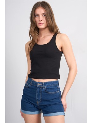 Çetinkaya Fithit 8282 Bayan Kalın Askılı Penye Süprem Crop Atlet Siyah