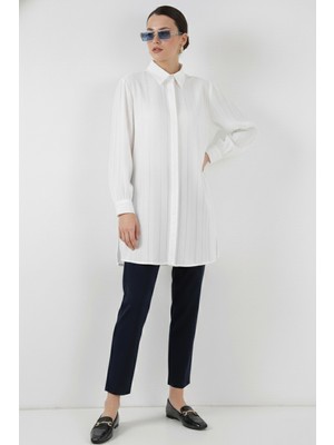 Bigdart Çizgili Uzun Gömlek Tunik 5947 - Beyaz