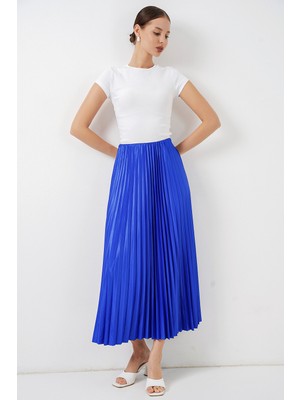 Bigdart 8009 Deri Görünümlü Piliseli Etek - Saks