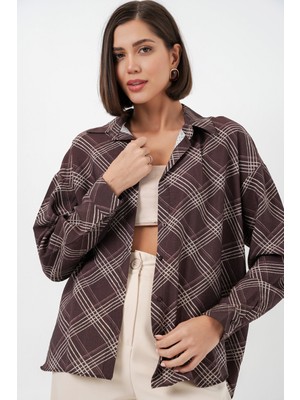 Bigdart Kadın Oversize Desenli Gömlek 20372 - Kahverengi