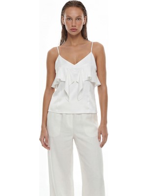 ROMAN V Yaka Ince Askılı Volan Detaylı Bluz Beyaz YY013012_002