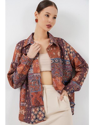 Bigdart Kadın Oversize Desenli Saten Gömlek 20365 - Kiremit