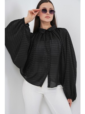 Bigdart Kadın Yarasa Kol Oversize Gömlek 20368 - Siyah