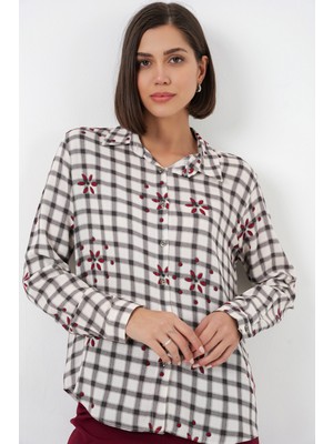 Bigdart Kadın Desenli Oversize Viskon Gömlek 20371 - Siyah