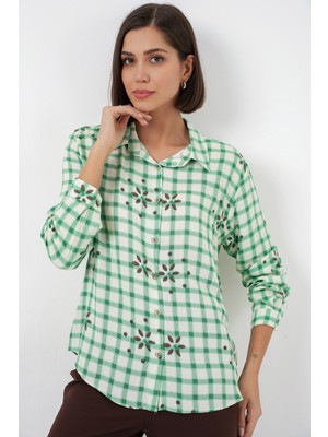 Bigdart Kadın Desenli Oversize Viskon Gömlek 20371 - Yeşil