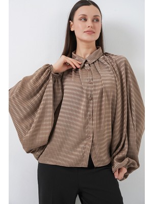 Bigdart Kadın Yarasa Kol Oversize Gömlek 20368 - Sütlü Kahve