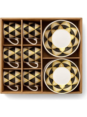 6 Kişilik Porselen Türk Kahvesi Fincan Takımı 12 Parça – Şık Desenli Kahve Fincanı Seti Hediye Için Uygun Marbey Beyaz Kahverengi