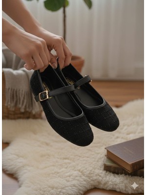 Slipcat Tüvit Kumaş Mary Jane Babet Şık Tokalı Ortopedik Taban Günlük Ayakkabı