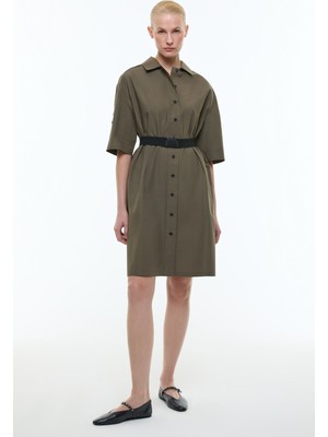 ROMAN Palaska Kemerli Midi Boy Gömlek Elbise Haki YY011019_023