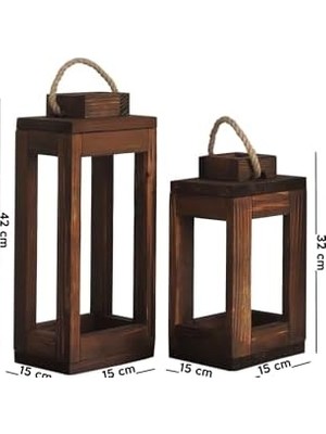 Vigordurus Ahşap (Çam) (Ceviz Renk) Mum Fener Dekoratif 2'li Set, Iç Mekan, Dış Mekan, Ev + My Bead Kokulu Vegan Mum 50 cc