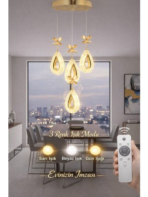 Damla-4lu-GOLD 3 Renk LED ISIKLI SALON MUTFAK  OTURMA ODASI ANTRE  AVİZE