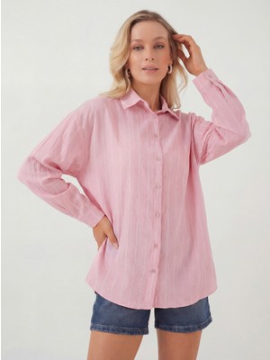 Bigdart Kadın Çizgili Oversize Gömlek 20293 - Pembe