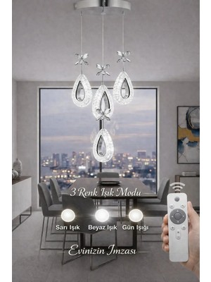 DAMLA KROM 4LÜ 3 Renk LED ISIKLI SALON MUTFAK  OTURMA ODASI ANTRE  AVİZE