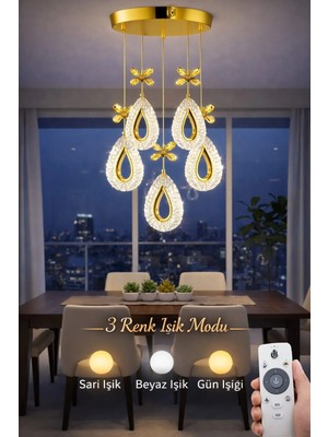 Damla-5li GOLD  3 Renk LED ISIKLI SALON MUTFAK  OTURMA ODASI ANTRE  AVİZE