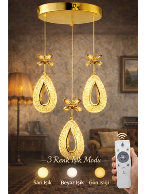 Damla-Üçlü-Gold 3 REK LED ISIKLI AKRILIK TASLI Modern Sarkıt Mutfak Oturma Odası Salon Sarkıt Avize