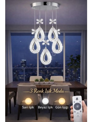 Damla 5Lİ KROM 3 Renk LED ISIKLI SALON MUTFAK  OTURMA ODASI ANTRE  AVİZE