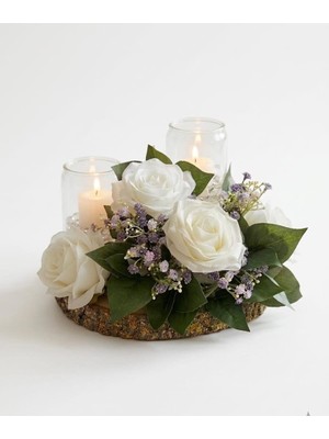 Doğal Kütük Altlıklı Çiçekli Şamdan