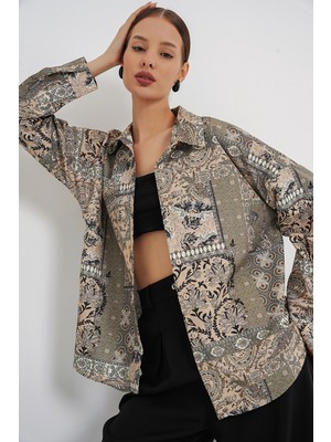 Bigdart Kadın Oversize Desenli Saten Gömlek 20365 - Çağla