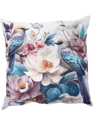 Vigordurus Içi Dolu Örgü Üzerine Dijital Baskılı Kırlent 45X43 cm | Çiçekli Kuş Desenli Dekoratif Yastık