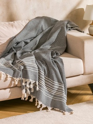 LC Waikiki Lcw Home Antrasit Püsküllü Tv Battaniyesi