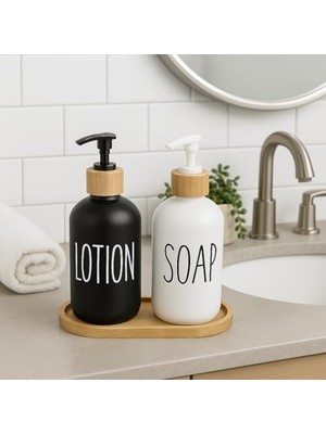 Vigordurus 2’li Cam Sıvı Sabunluk ve Losyonluk Seti | 500 ml Siyah & Beyaz Boyalı Cam | Bambu Kapak ve Ahşap Altlıklı Banyo Seti | Şık ve Dayanıklı Tasarım