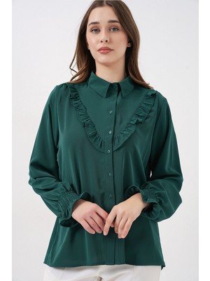 Bigdart 20223 Fırfırlı Uzun Kol Gömlek - Zümrüt Yeşili