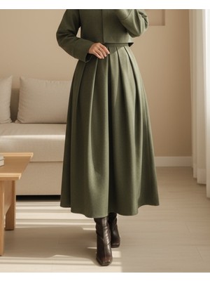 Modamorfo Pileli Fermuarlı Kaşe Etek -Haki