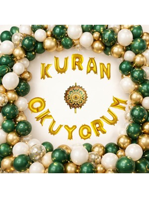 Tedaks Kuran Okuyorum Temalı Kuran Okuma Töreni Folyo Harf Balon Yeşil Gold Beyaz ve Kumbeji Balonlar