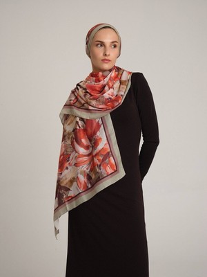 AYSHARA Kökbahar Çiçek Desenli Tek Taraflı Şal - Yeşil Kiremit