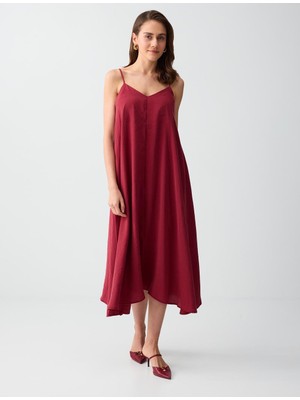 Jimmy Key Kırmızı Rahat Kesim V Yaka Askılı Modal Midi Elbise