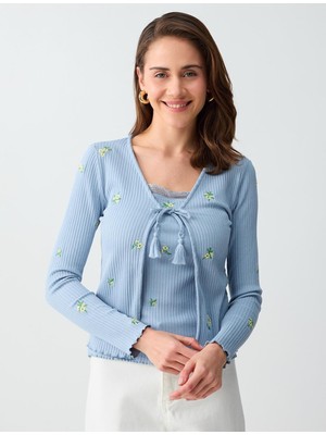 Jimmy Key Mavi Çiçek Nakışlı V Yaka Uzun Kollu Örme Hırka