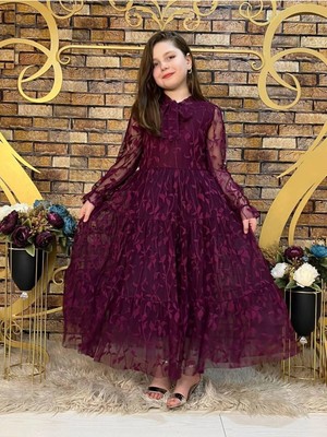 Bes Trend Kız Çocuk Dantelli Yaprak Desenli Tam Boy Abiye Elbise