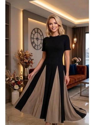 Kadın Eteği Parçalı Kısa Kol Maxi Elbise