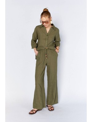 CGA Kadın Gömlek Kadın V Yaka Gömlek Haki Gömlek