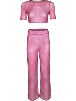 Aquella Sırt Dekolteli Pembe Crop Top-Pantolon Takım