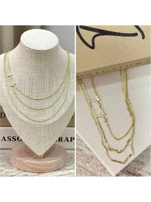 Ca Shopping Kelebek Detaylı Üç Sıra Altın Kaplama Kararmaz Kolye