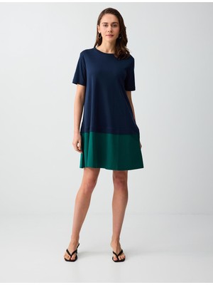Jimmy Key Lacivert %100 Pamuk Bisiklet Yaka Renk Bloklu Mini Elbise